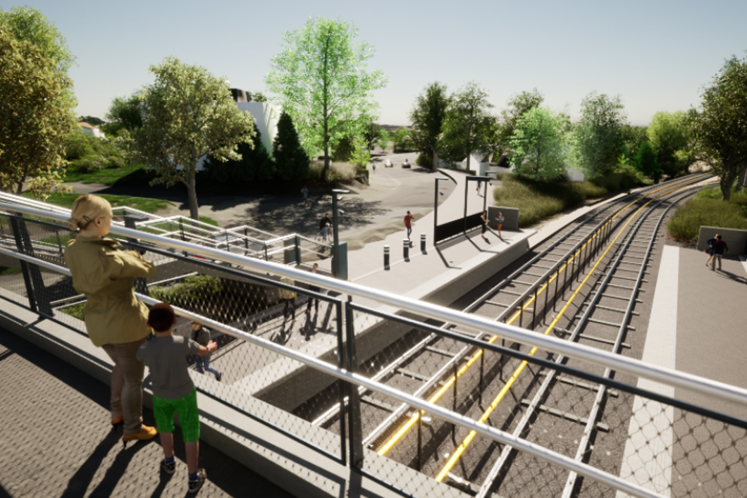 Utsikt fra gangbro over nye Diakonhjemmet stasjon