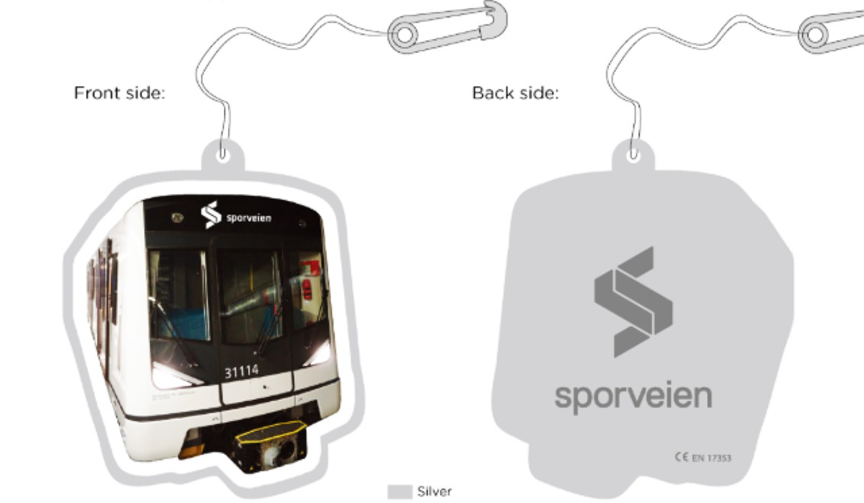 Bilde av en refleks som er formet som en T-bane. På den ene siden av refleksen er det et bilde av T-banen, den andre siden er grå og har Sporveien sin logo.