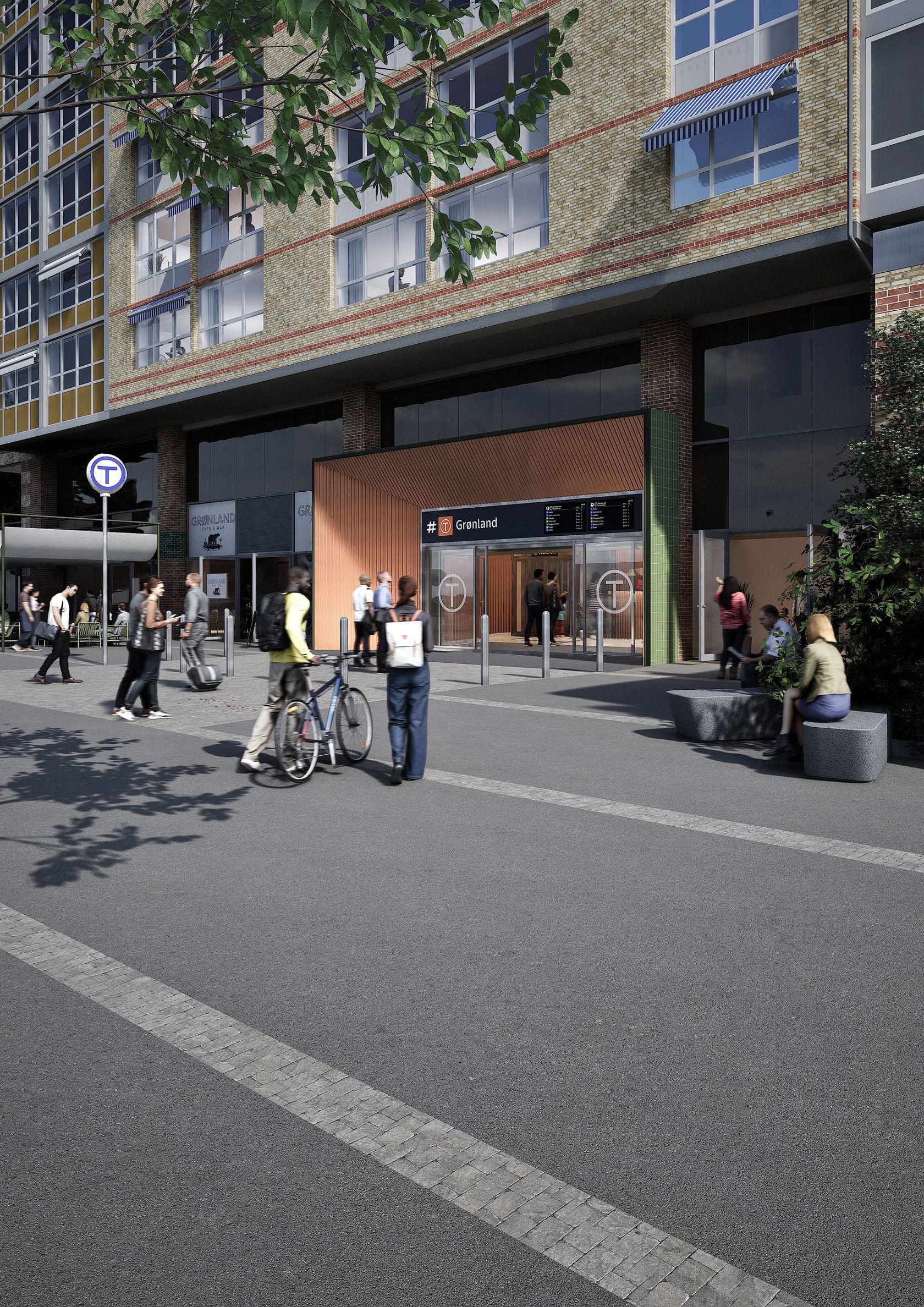 Den nye inngangen vil få direkte adkomst fra gateplan, og bidra til en positiv byutvikling av Olafiagangen og Vaterland-området (Illustrasjon: Sporveien/ SAAHA arkitekter).