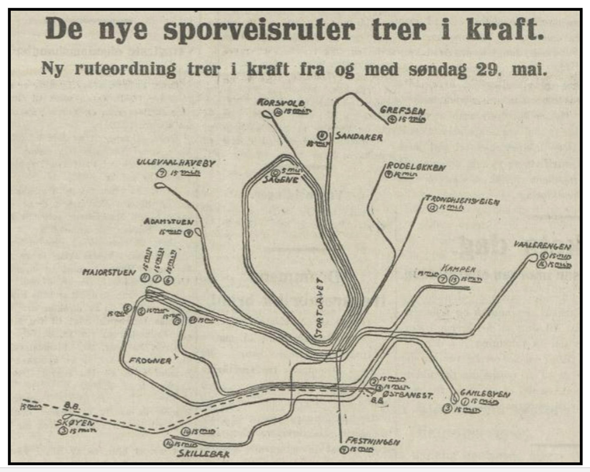 Slik så rutenettet til bysporvognen ut i 1927.