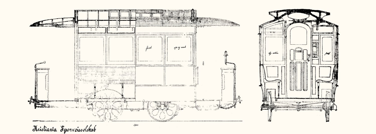Byggetegning av hestesporvogn 1892. 